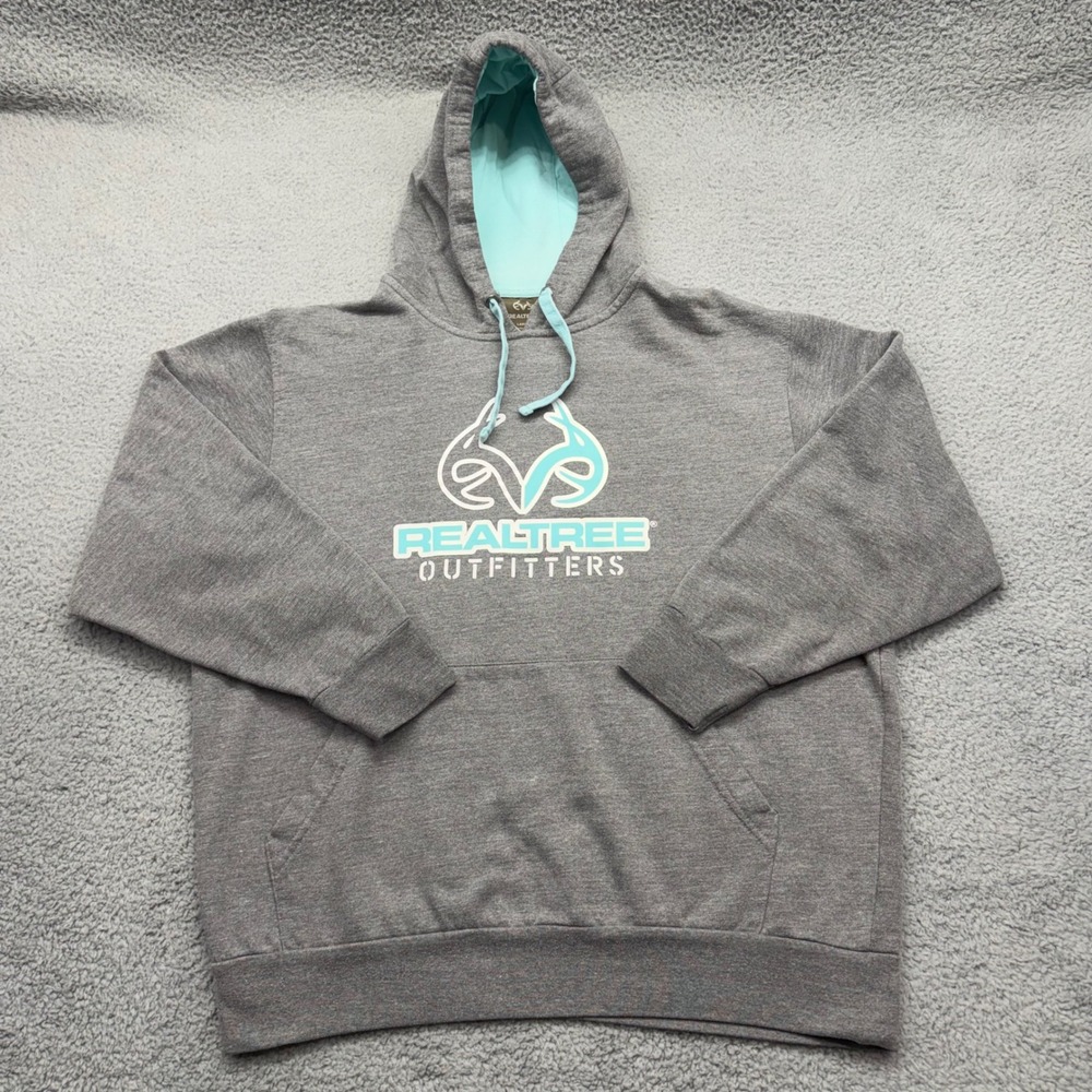 Realtree Outfitters Mens Large Gray Pullover Hoodie Aqua Logo Graphic Sweatshirt